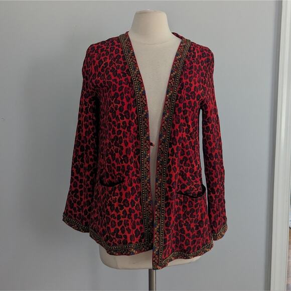 Women's Tulle & Batiste Red Black Leopard Cardigan Beaded Topper Small Bohemian - Picture 1 of 9
